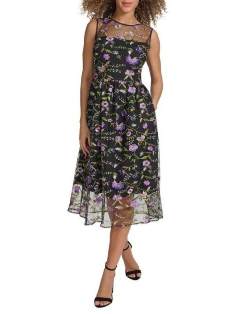 Kensie Embroidered Midi Dress 8 Black Floral Mesh NWT $135